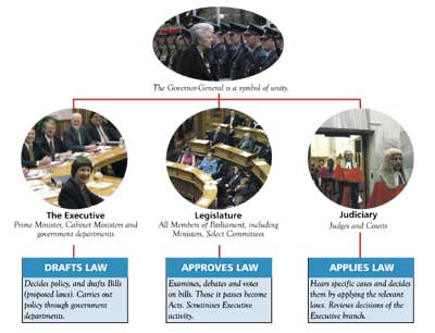 Graphic shows three branches of government, the Executive, Legislature and Judiciary. 